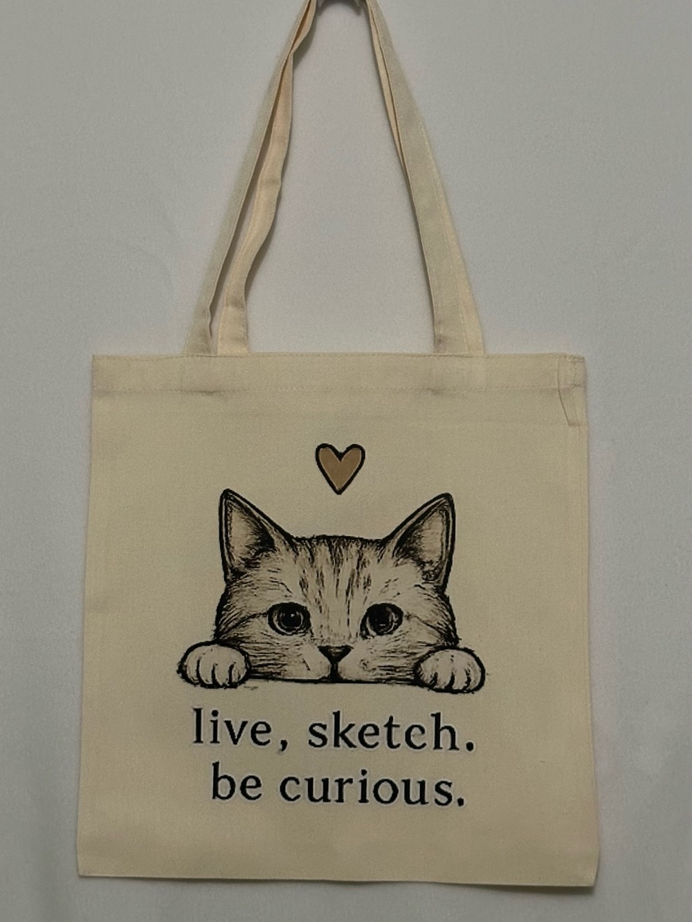 Canvas Cat Tote Bag in Cream - Live, Sketch. Be Curious. Size 13” x 14”